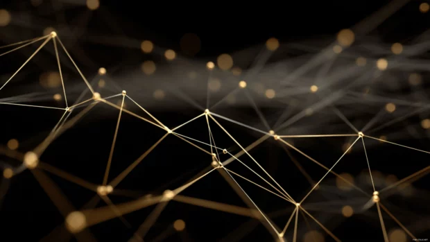 A glowing web of geometric lines in golden hues stretched across a matte black backdrop.