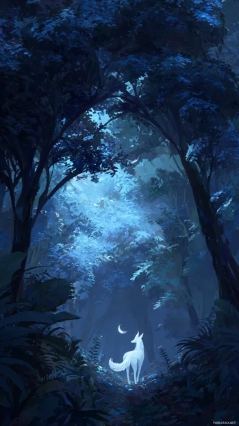 A glowing white fox spirit walking through a shadowy enchanted forest under a crescent moon, a mystical fox wallpaper.