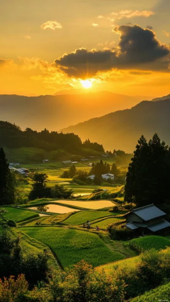 A golden Japan sunset over a peaceful countryside where farmers work gently in green fields.
