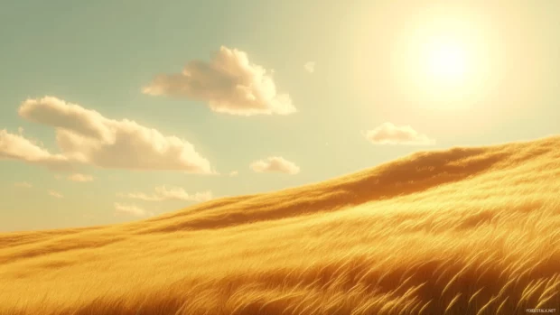 A golden wheat field waving in the breeze under a bright summer sun.