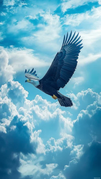 A graceful eagle climbing through tall clouds in a vertical panorama.