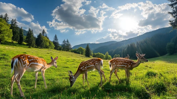 A green meadow dotted with wild deer grazing peacefully under the sun.