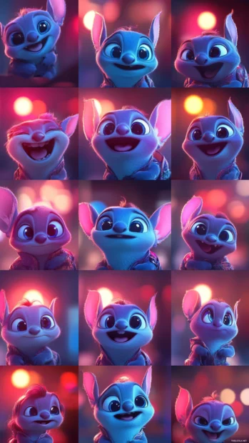 A grid collage showing different Stitch expressions with a pink and blue color theme.