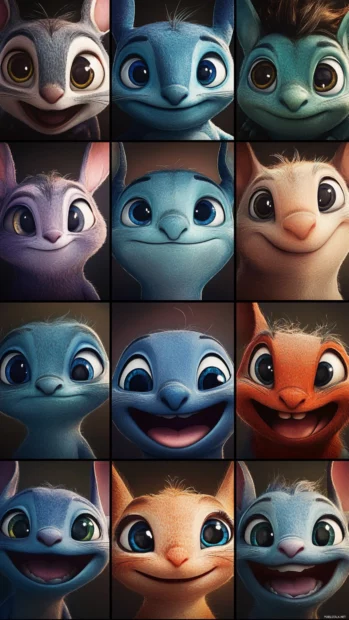 A grid of close up Stitch faces with soft vintage tones.