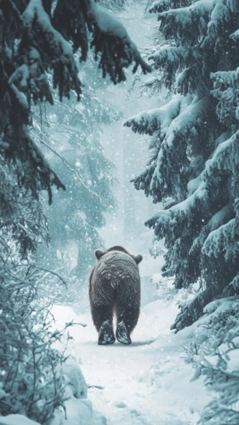 A grizzly bear covered in snow, walking through a snowy forest.