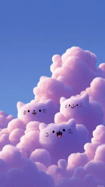 A group of cheerful clouds shaped like cats in a Cute Lavender sky.