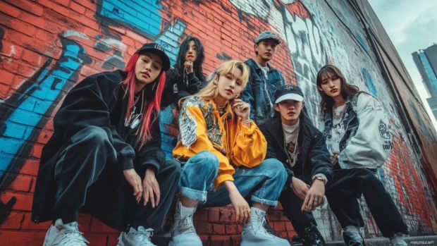 A group of cool Japanese friends in edgy fashion posing against a graffiti covered wall.