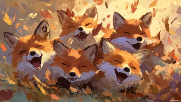 A group of playful Foxes tumbling through autumn leaves, joyful expressions, warm tones, natural landscape, candid moment.
