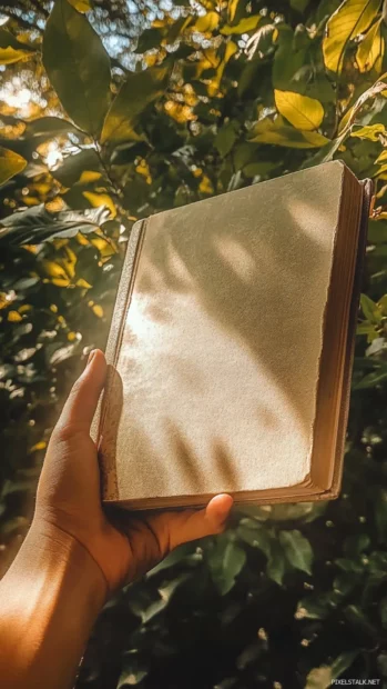 A hand holding a Book with sunlight filtering through leaves.