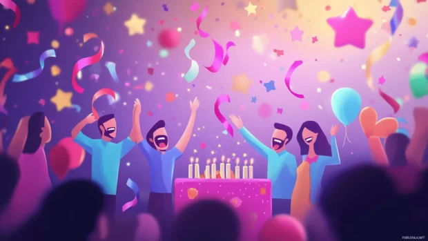 A happy birthday scene unfolds across a desktop screen with ribbons, stars, and laughter.