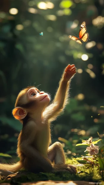 A happy cute monkey reaching out for a butterfly in a sunlit garden.