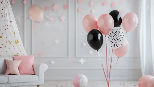 A harmoniously composed wallpaper mixing balloons and confetti in a perfect birthday celebration.
