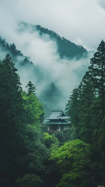 A hidden Japan mountain shrine surrounded by mist and tall pine trees under a cloudy sky.