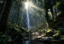 A hidden Waterfall deep inside an ancient forest with sunbeams filtering through tall trees.