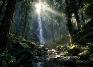 A hidden Waterfall deep inside an ancient forest with sunbeams filtering through tall trees.