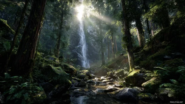 A hidden Waterfall deep inside an ancient forest with sunbeams filtering through tall trees.