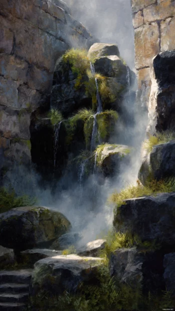 A hidden Waterfall pouring through ancient rocks, with mist swirling in the warm afternoon light.