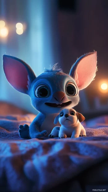 A highly detailed 3D Stitch playing with a tiny puppy with soft lighting.