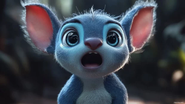 A highly detailed 3D Stitch with tiny details on his ears and fur looking amazed.