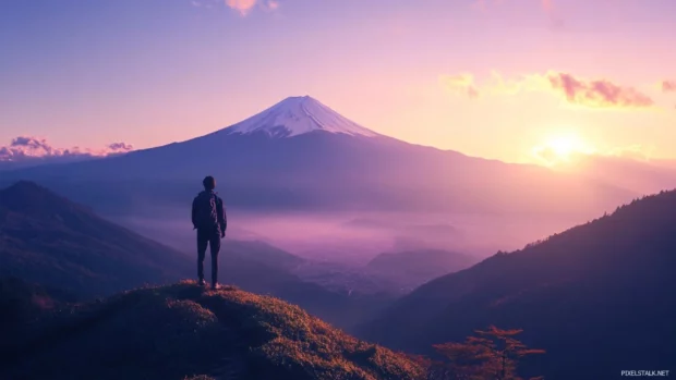 A hiker standing on a nearby peak gazing in awe at the stunning view of Mount Fuji across the valley.