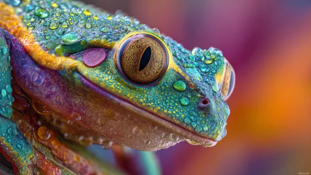 A hyper detailed close up of a vibrant tree Frog with dew on its skin and colorful background blur.