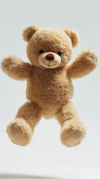 A joyful Teddy Bear jumping with a white background.