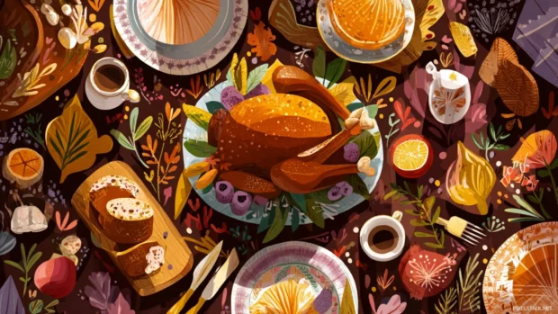 A joyful Thanksgiving celebration surrounded by colorful fall decorations, roasted turkey, and rustic charm.