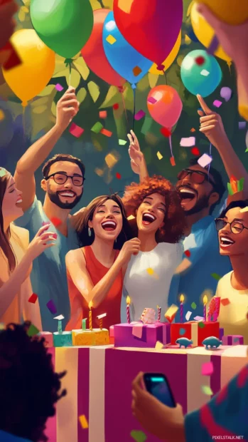 A joyful birthday iPhone wallpaper depicting a surprise party scene with friends, gifts, and decorations.