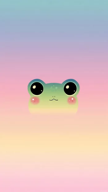 A kawaii frog phone wallpaper featuring a cute frog face with big eyes and blush centered on pastel gradient.