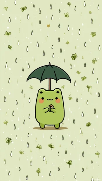 A kawaii frog wallpaper depicting a sweet frog character holding a tiny umbrella under rain in flat style.