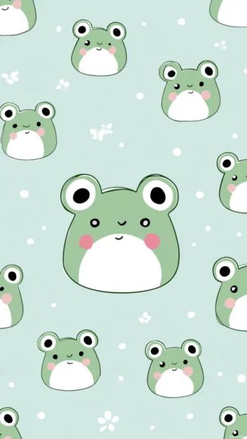 A kawaii frog wallpaper featuring a smiling frog character with big round eyes and rosy cheeks in soft green tones.
