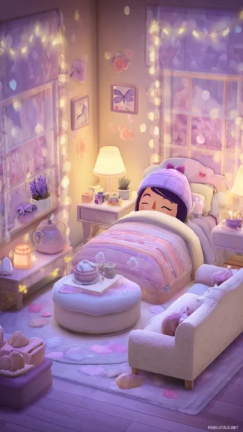 A kawaii style bedroom decorated entirely in Cute Lavender tones.