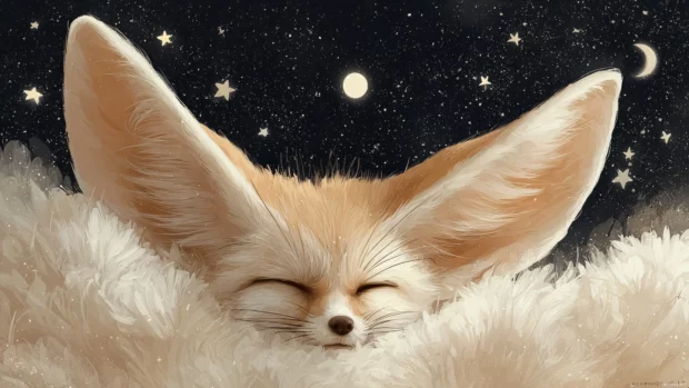 A kawaii wallpaper showing a fennec fox with oversized ears nestled among soft stars and moonlight.