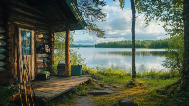 A lakeside cabin with fishing rods resting by the porch and calm water beyond.