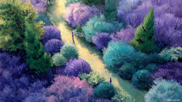 A lavender garden scene viewed from above with artistic brushwork and pastel accents.