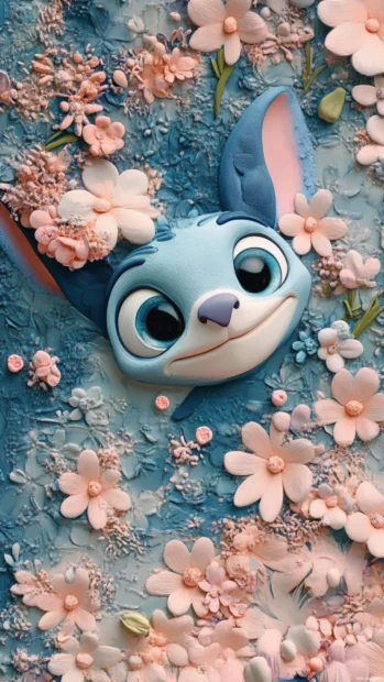 A layered collage combining Stitch faces and small pastel flowers.