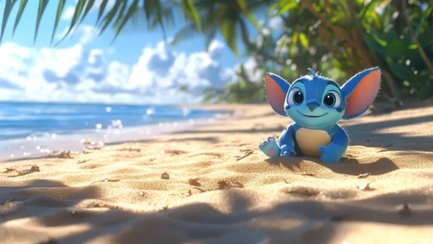 A lively 3D Stitch model sitting on a sunny beach with tiny sand details, realistic shadows.