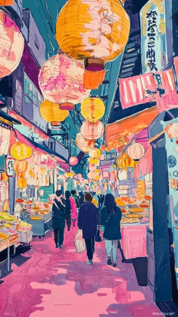 A lively Tokyo market filled with vibrant colors and street food under hanging lanterns.