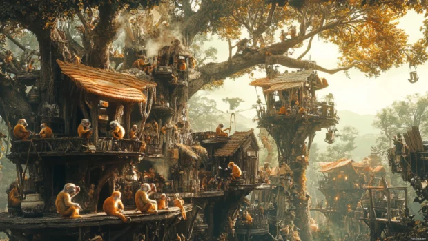 A lively scene of monkeys chattering and playing in a treetop village.