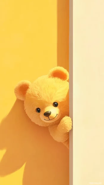 A lockscreen illustrating a teddy bear peeking from the side of a solid color wall with flat shading.