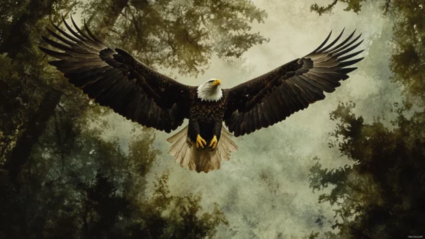 A lone American eagle circling above the still forest canopy.