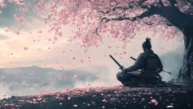 A lone Japanese samurai meditating under a cherry blossom tree as petals fall softly around.