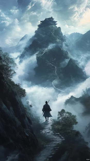 A lone Japanese samurai walking a narrow mountain path surrounded by swirling mist.