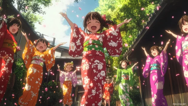 A lovely anime garden party with girls in yukata and tiny spirit creatures dancing around.