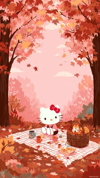A lovely fall picnic scene with Hello Kitty sitting on a blanket surrounded by crunchy leaves.