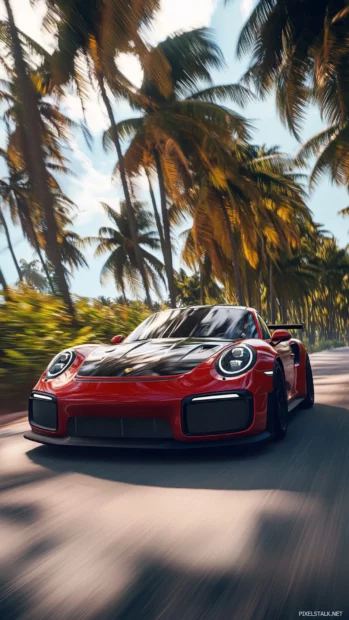 A low angle shot of Porsche racing past under a canopy of palm trees on a tropical road.