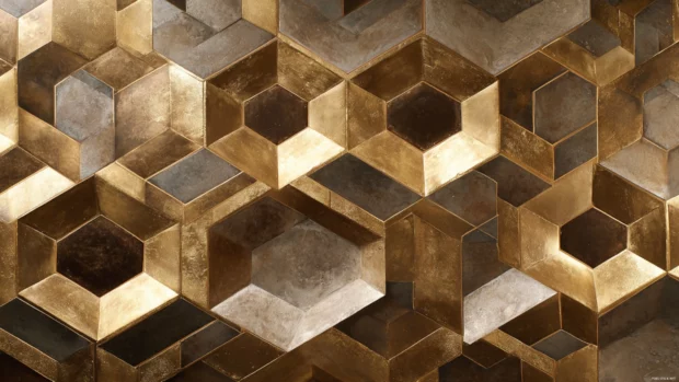 A luxurious gold geometric wallpaper with interlocking hexagons and metallic reflections.