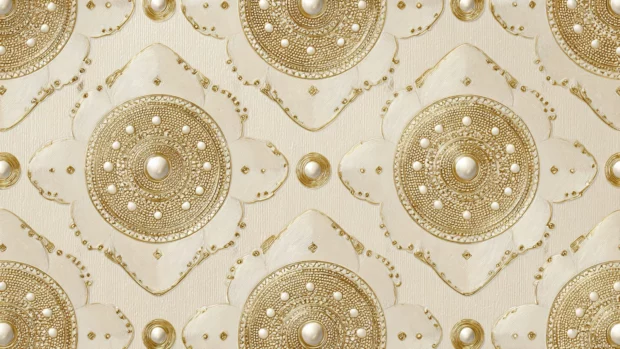 A luxury gold geometric wallpaper showcasing intricate mosaic of diamonds and circles on satin cream canvas.