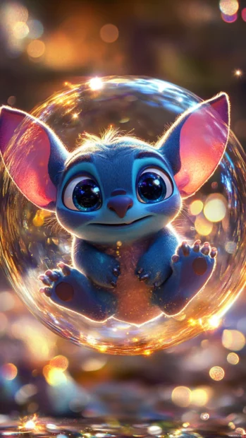 A magical 3D Stitch floating on a bubble surrounded by small shimmering effects, vivid colors and lifelike details.
