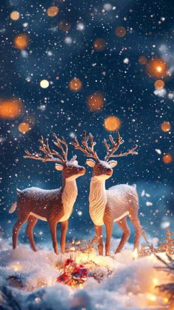 A magical Christmas scene styled as reindeer wallpaper for desktop, with glittering snow and cheerful tones.